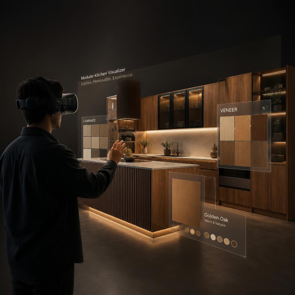 Designer using a VR headset to explore a modular kitchen with material swatches
